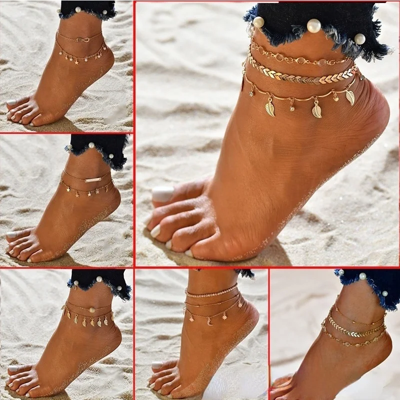 

Fashion Creative Bohemian Retro Simple Beach Multi-layer Zircon Leaf Eight-character Pearl Anklet Sun Moon Star Pattern Jewelry