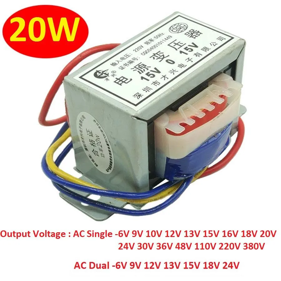 Transformador de Potência de Entrada 18v para Núcleo de Cobre 110v 220v 380v50hz Saída Single Dual 6v 9v 10v 12v 13v 15v Ei57 20w – va ac