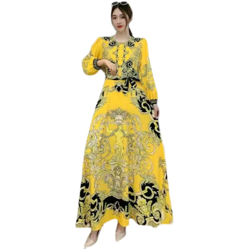 

of the new French court printed round collar dress hubble-bubble sleeve show thin waist sen is a big place long skirt