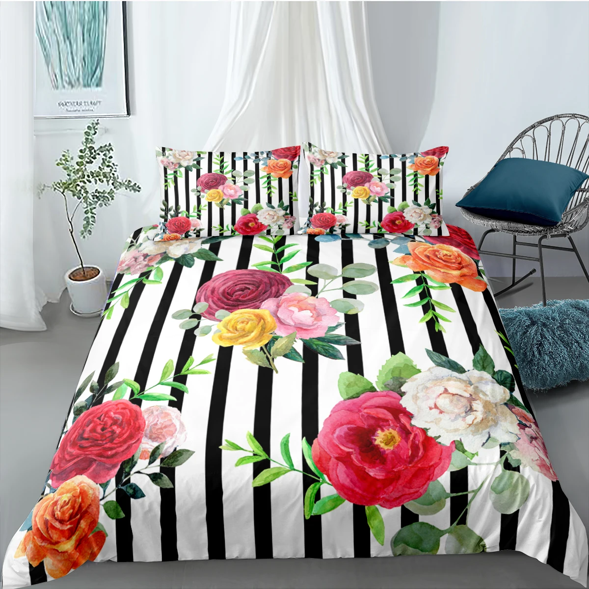 

Flower/Striped Bedding Set Duvet Cover Set 3d Bedding Floral Printed Comforter Covers Pillowcase Queen Size Bedding Set 2/3pc