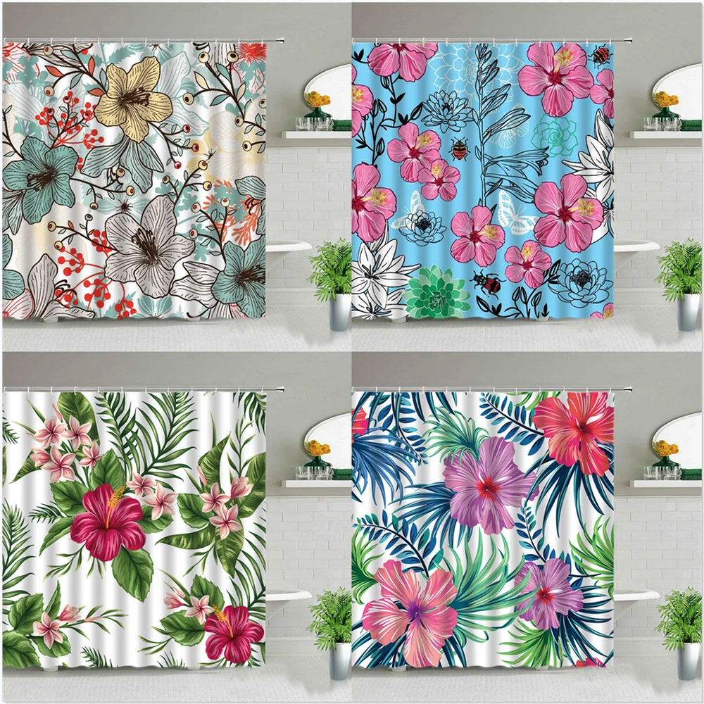 

Pink Flower Green Leaves Shower Curtains Tropical Plant Watercolor Floral Natural Scenery Modern Bathroom Curtain Set With Hooks