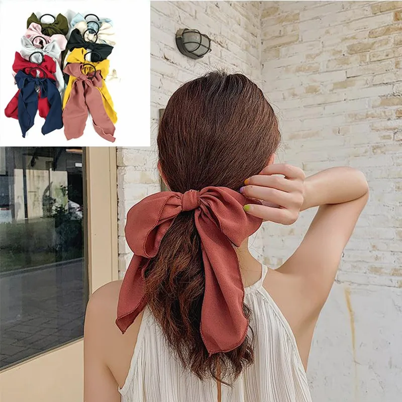 

New Women's Big Bowknot Elastic Long Hair Hoop Girls Pure Color Popular Hair Hoop Hair Band Ponytail Hair Accessories