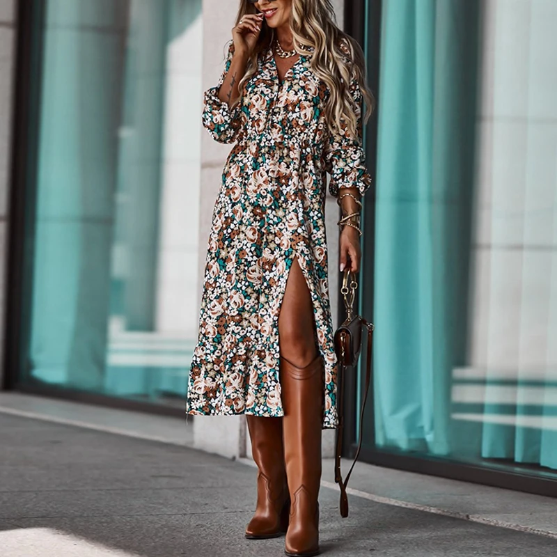 

Spring V Neck Print Dress 2021 Fashion Sexy Slim Split Long Sleeve Midi Dresses Autumn Boho Elegant Women's Patchwork Sundress