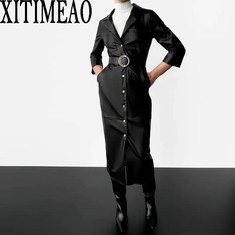 

Xitimeao Za 2022 New Spring Autumn Women Faux Leather Dress Three Quarter Sleeve Ladies With Belt PU Midi Dresses Vestidos Mujer