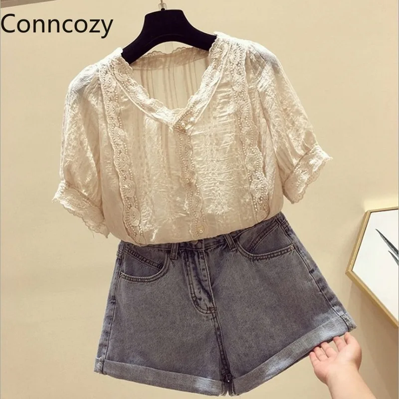 

Кружевные блузки для женщин, офисная работа, тонкая рубашка, повседневные белые синие прозрачные топы, Милые шифоновые рубашки с коротким р...