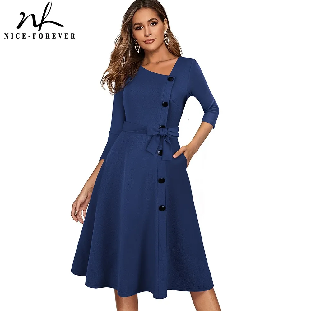 

Nice-forever Spring Solid Color with Button Retro Elegant Dresses Party Flare Swing Women Dress A241