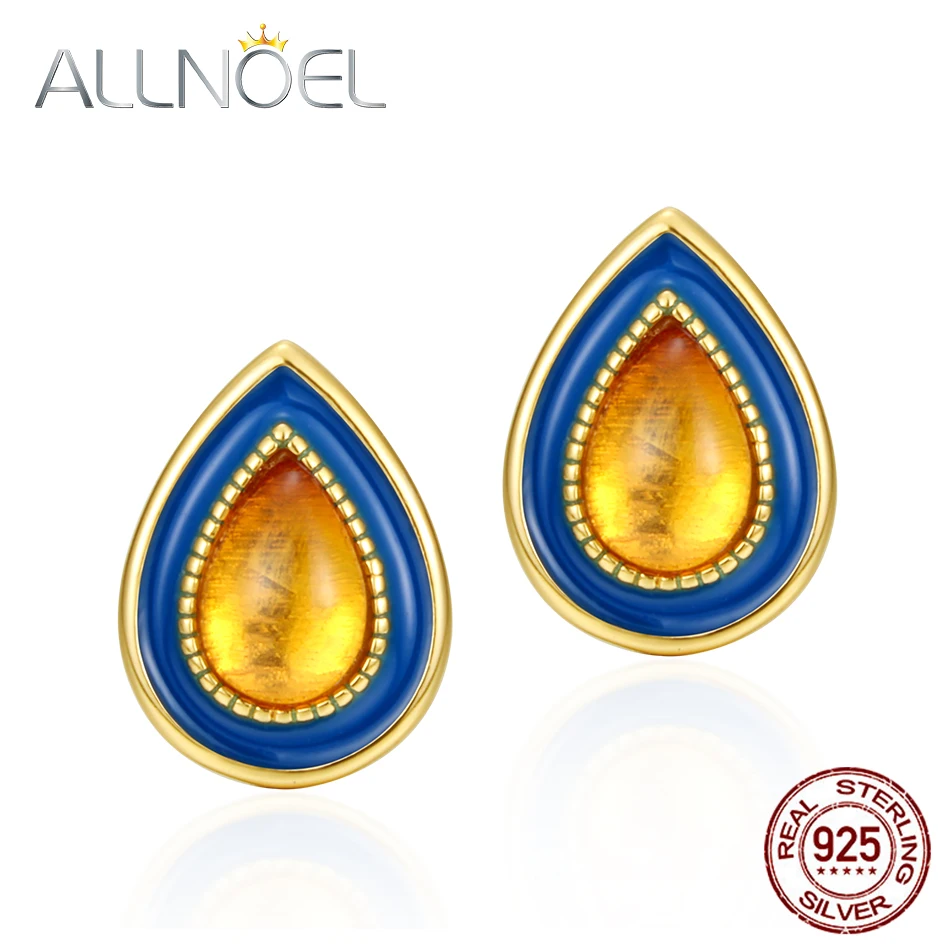 

ALLNOEL Solid 925 Sterling Silver Stud Earrings For Women Natural Amber Retro Oil Drip Earrings Real Gold Wedding Fine Jewelry