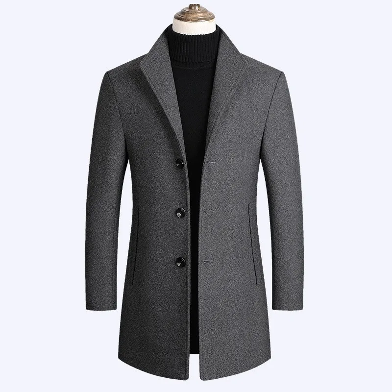 

Smart Casual Autumn Winter Solid Mens Woolen Overcoats Long Sleeve Single Breasted Stand Collar Medium Length Coats Plus Size