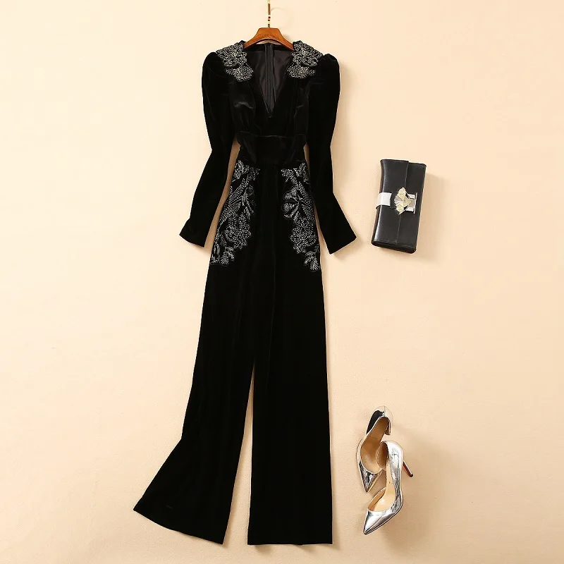 Women's Jumpsuit 2021 Autumn Winter Style Ladies Sexy V-Neck Golden Embroidery Long Sleeve Casual Black Velvet Jumpsuit Rompers