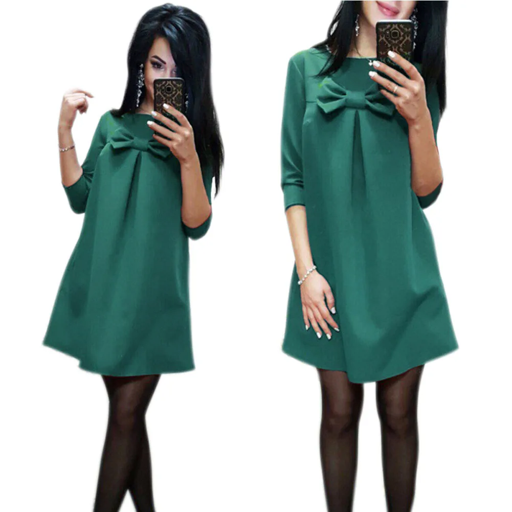 

Women Cute Bowknot Loose Straight Dress Solid Color Half Sleeve Autumn Dresses NYZ Shop