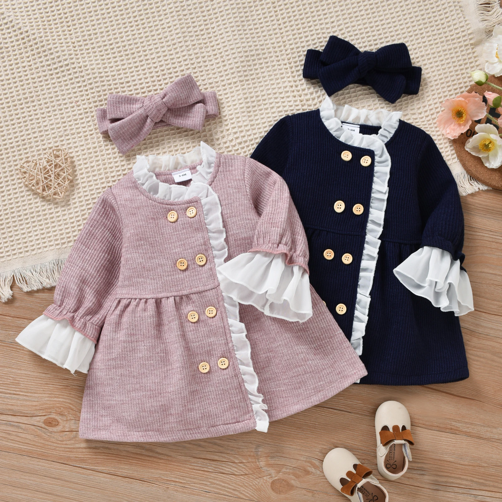 

Toddler Baby Girl Autumn Winter Dress Long Sleeve Round Neck Double Breasted A-line Princess Dress + Bow Headband