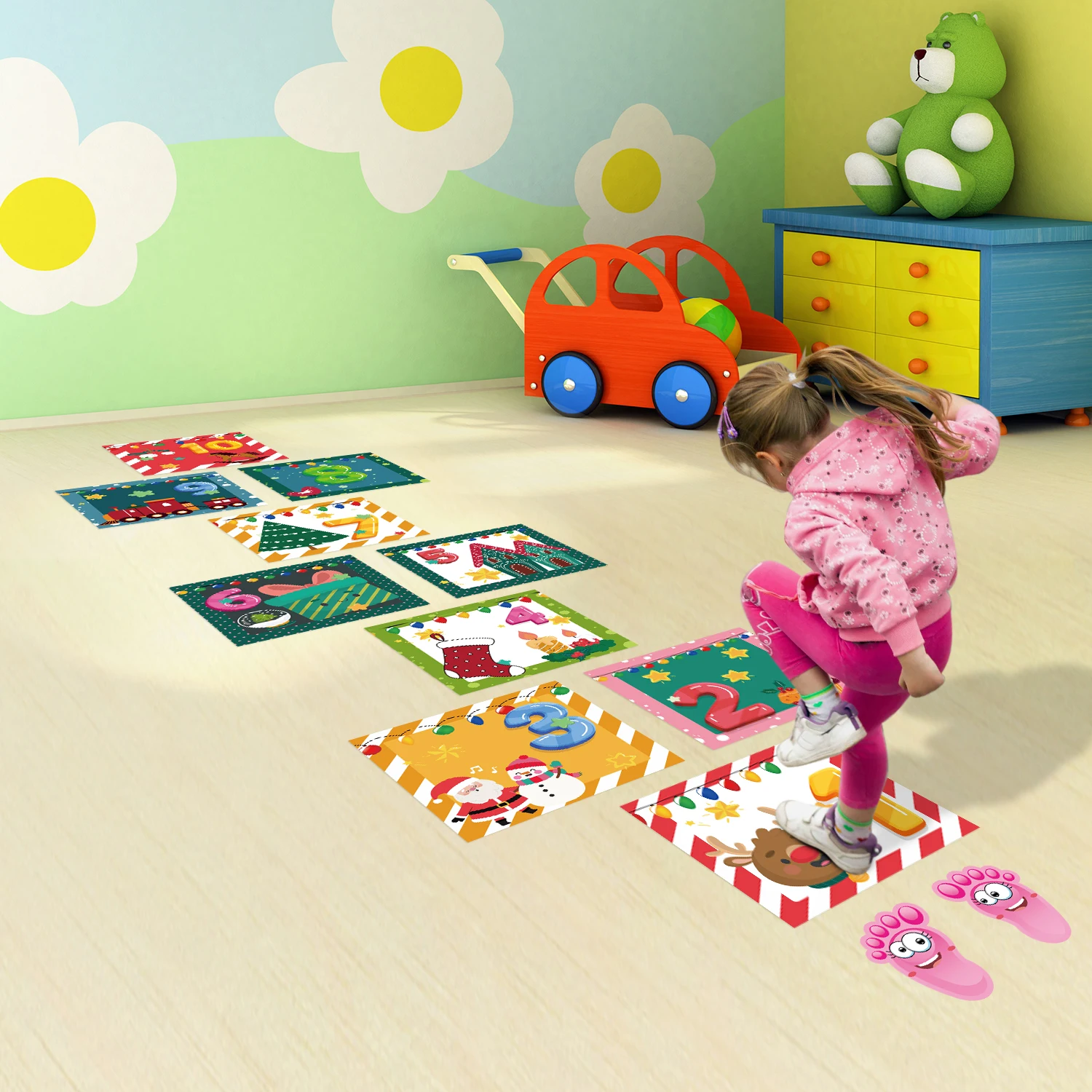 

Christmas Wall Stickers Number Cartoon Kids Jumping Grid Decals Boys And Girls Interactive Games Kindergarten Ground Wallpaper
