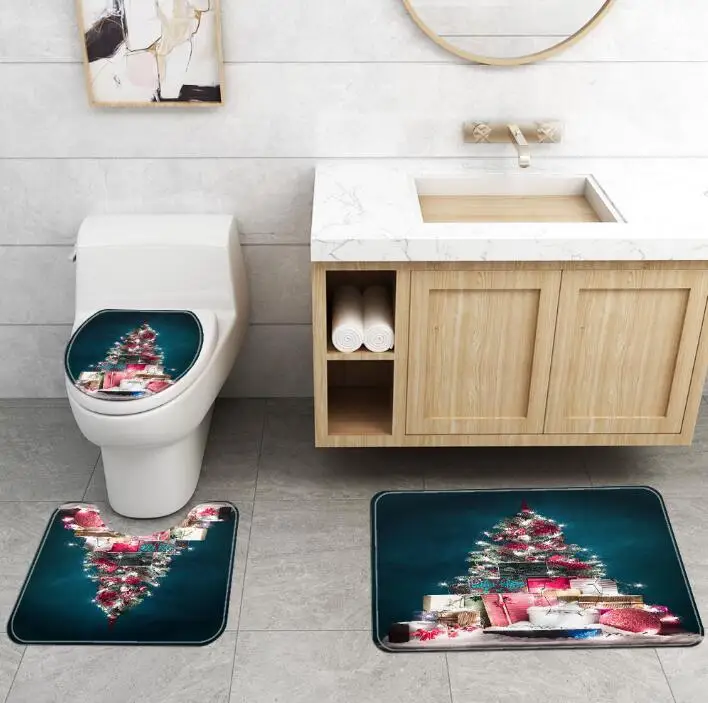 

3pcs Bath Mat Set Non-slip Bathroom Rugs Flannel Christmas Tree Print Anti Slip Carpet for Home Decor Toilet Mat Bathroom Rug