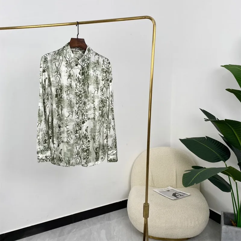 

Spring Newest Fashion Designer Style Womens Top Quality Green Leaf Print Long Sleeve Silk Satin Blouses Tops