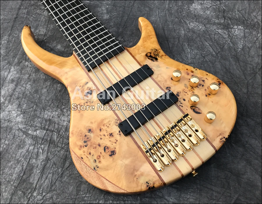 Вымершие 7 струн электрический бас, 11 шт. через шею, твердые Spalted кленовый заусенец, гриф из черного дерева, активные звукосниматели, реальные фото показывает