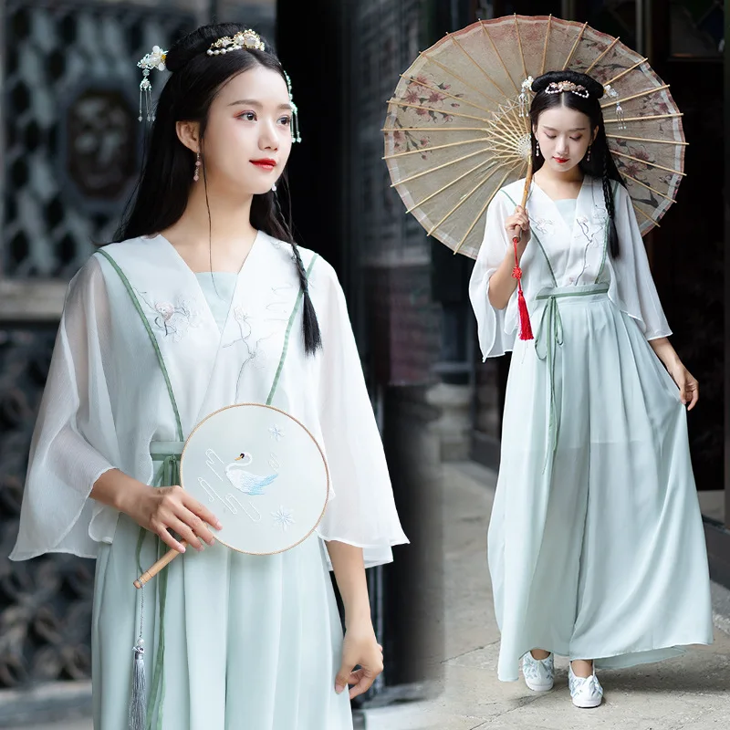 Женский Зеленый Классический танцевальный костюм Hanfu платье феи с вышивкой наряд