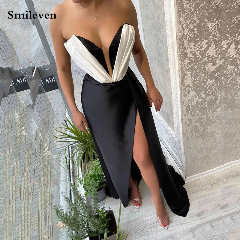 

Smileven Hit Color Black Pleat Sweetheart Evening Gowns White Corset Prom Dresses 2022 Sexy Side Split Satin Evening Party Dress