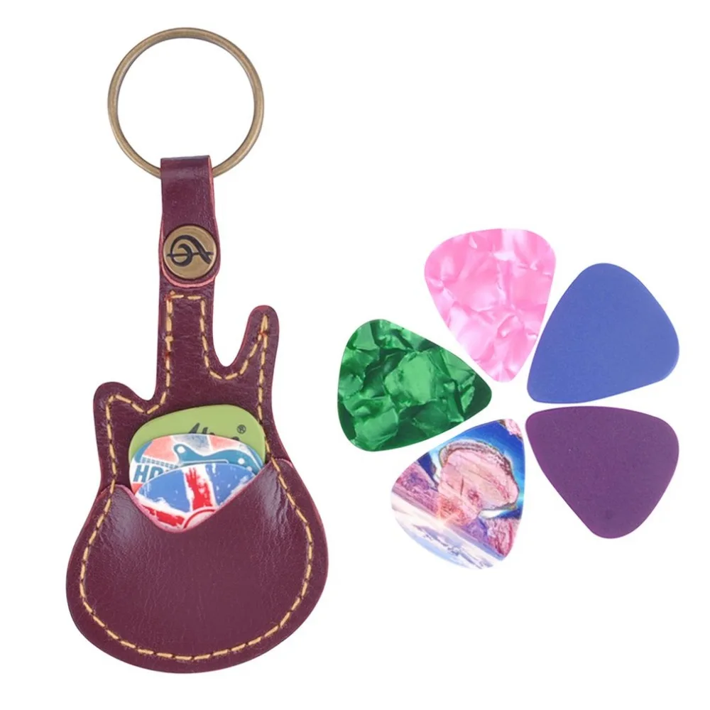 

New Key Ring Leather Paddles Package Case Holder For Guita Picks With 5 Random Paddles Guitar Sweep-dial Parts Guitar Accessory