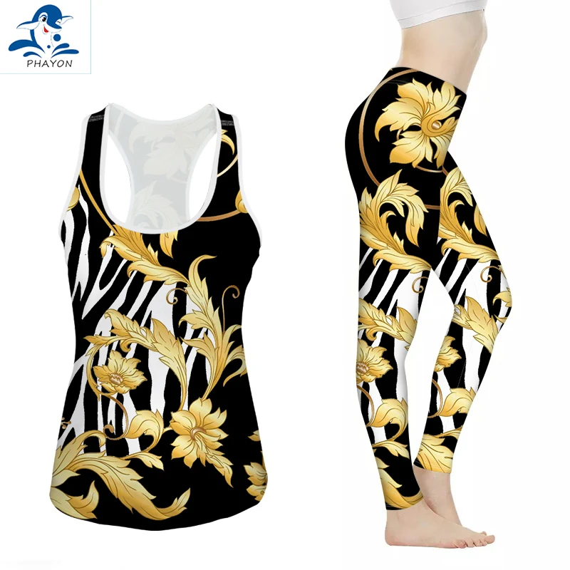 

PHAYON Yoga Set Women Sleeveless Top Luxury European Floral Slim Legging Yoga Suit Running Fitness Workout Casual Sport Suits