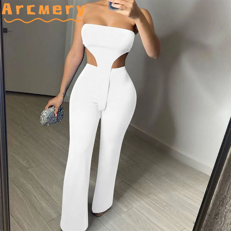 

2 Pieces Sets Women Strapless Top & Wide Leg Bodycon Pants