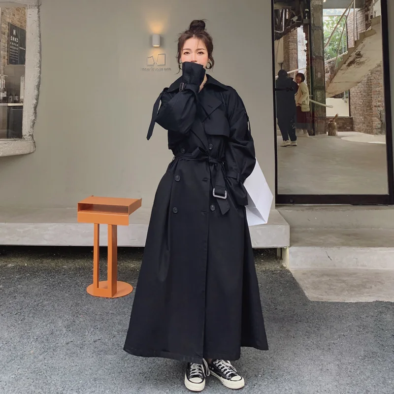 

Women's Black Trench Coat Spring Autumn Double-Breasted Super Long Ladies Cloak Loose 100% Cotton Lining Windbreaker Female