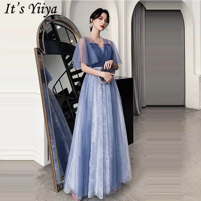 

It's Yiiya Evening Dress V-Neck Ruched A-Line Evening Dress 2019 Floor-Length Solid Illusion Short Sleeve Robe De Soiree LF213
