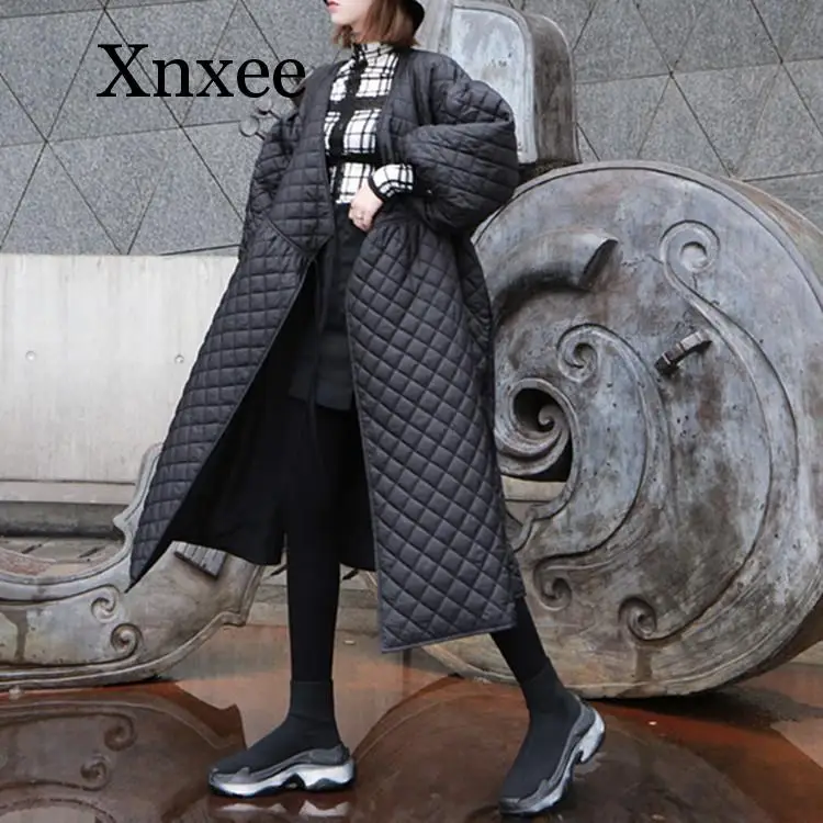 New Oversize Winter Coat dress Women Vintage Puff Sleeve Plaid Wrap Parka Europe Black Cotton Jacket Autumn Overcoat Streetwear