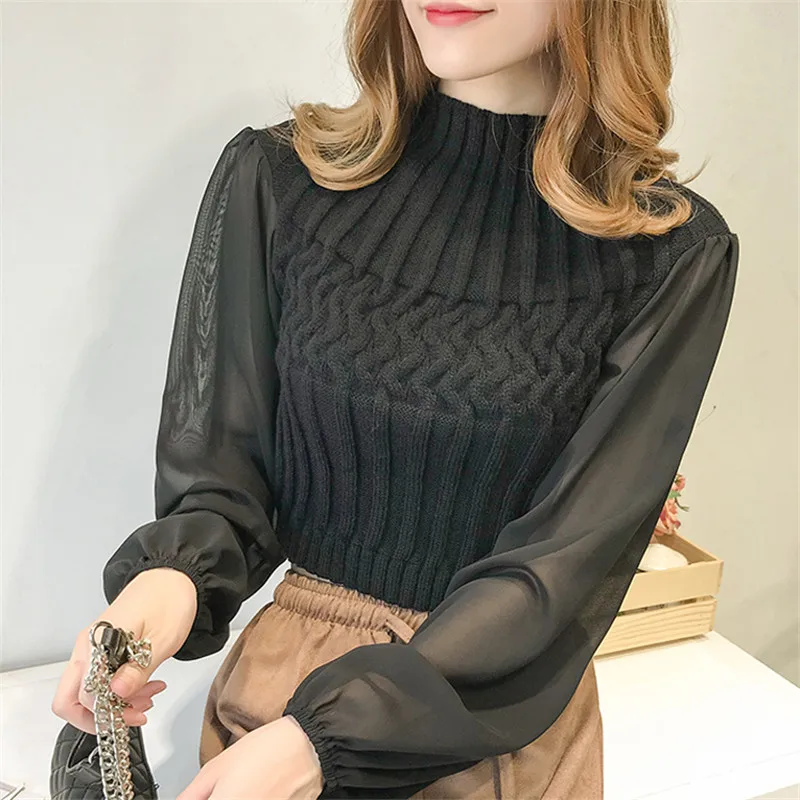 Женский трикотажный пуловер MUMUZI хлопковый лоскутный свитер с сеточкой и длинным