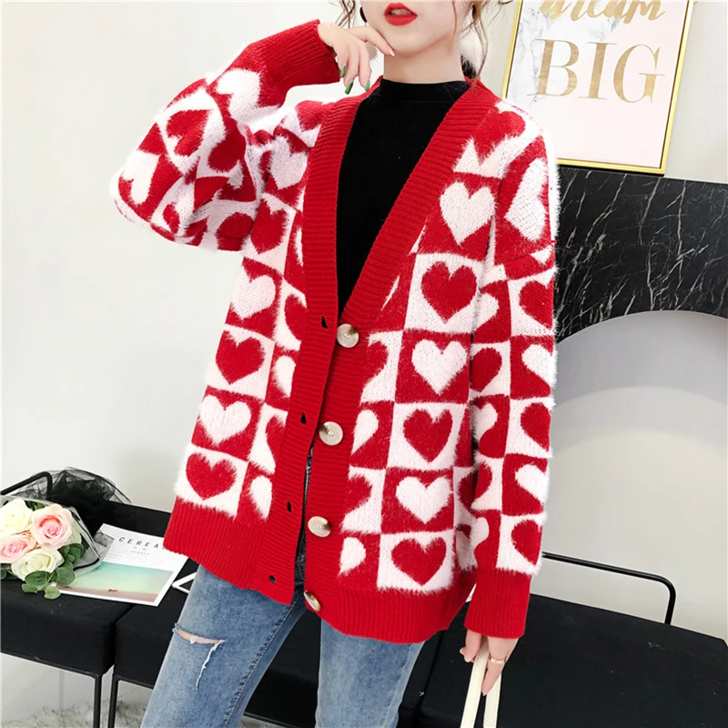 Свитер с узором из сердечек женский длинный кардиган бархат плюс размер мохер