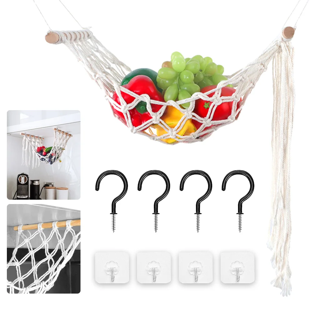 

Kitchen Accessories Vegetable Fruit Hammock Under Cabinet Hanging Fruit Basket Handmade Weave Hanging Storage Mesh Bag