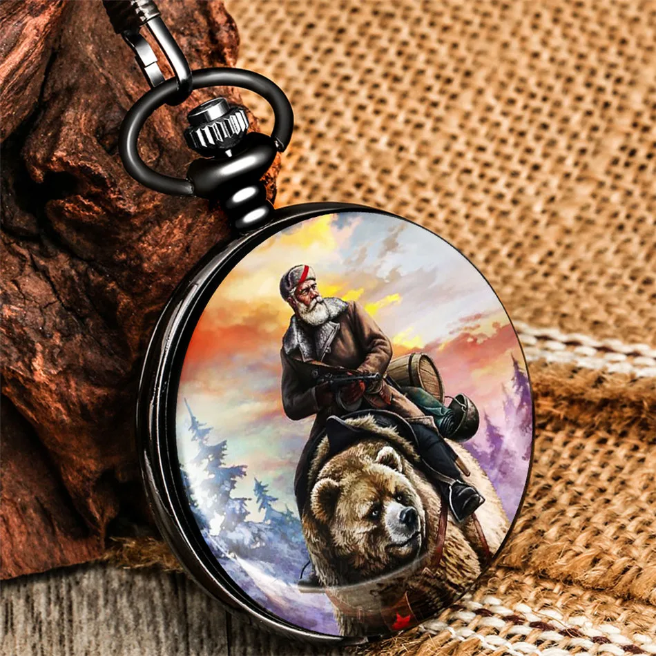 

Winter Hunter and Bear Printed Quartz Pocket Watch Pendant Clock Fob Chain Antique Pocket Watches Unisex Gifts