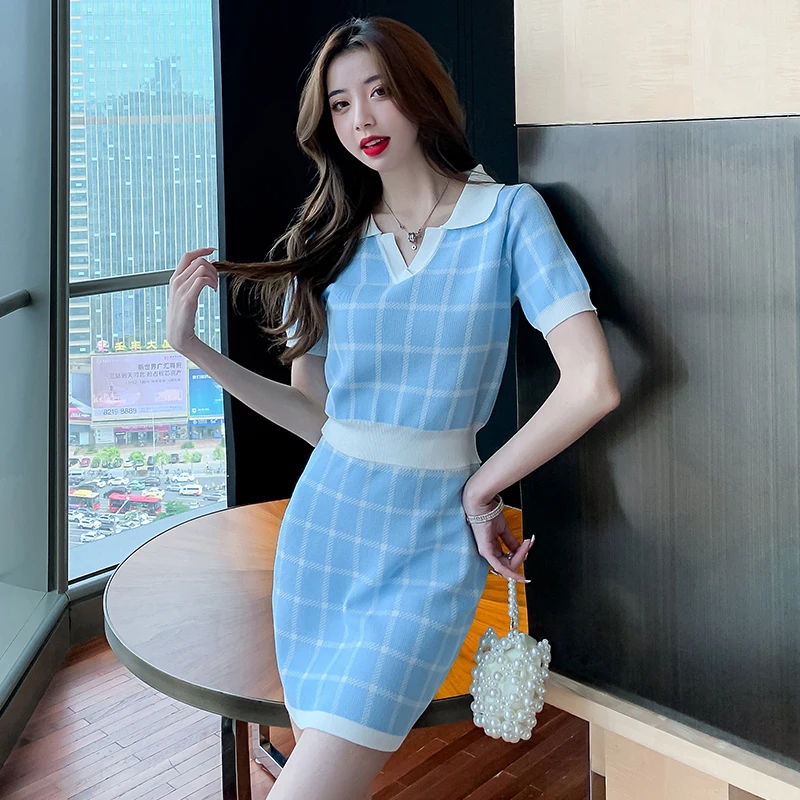 

Women make grid bump color knitted suits summer female buttocks short skirt cultivate one's morality short sleeve blouse western