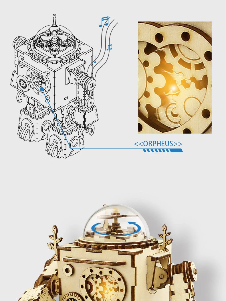Diy Music Box Three-Dimensional Puzzle Wooden Toy Creative Space Series Model Robot Music Box Gift Double Color Optional