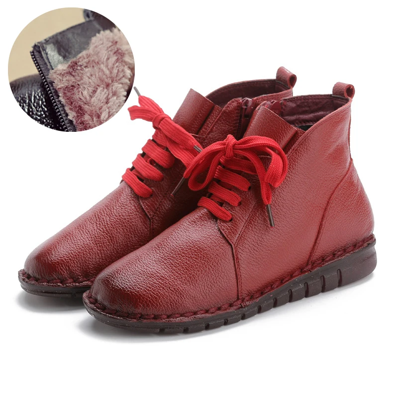213-Plush-Red Модные зимние ботинки на плоской подошве; ботильоны из натуральной кожи; Повседневная Винтажная обувь; фирменный дизайн; женские ботинки ручной работы; большие размеры 42 - Цвет: 213-Plush-Red