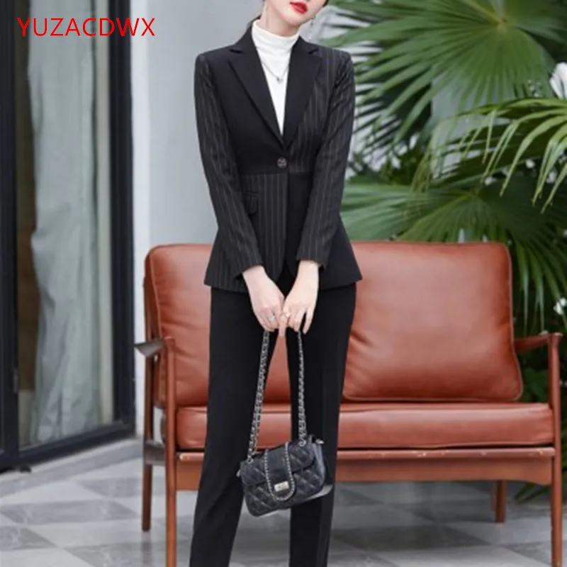 High-quality S-5XL Trousers Women's Black And White Striped Stitching Suit Single Button Suit Jacket And Work Pants 2-Piece Suit enlarge