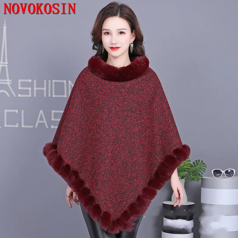 

7 Colors 2021 Solid Streetwear Poncho Plus Size Pullover Coat Winter Velvet Warm O Neck String Faux Fox Fur Women Autumn Capes