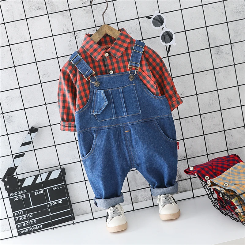 HYLKIDHUOSE 2019 Toddler Infant Clothes Suits Baby Girls Boys Clothing Sets Lapel Plaid Shirt Strap Jeans Kids Children | Детская одежда