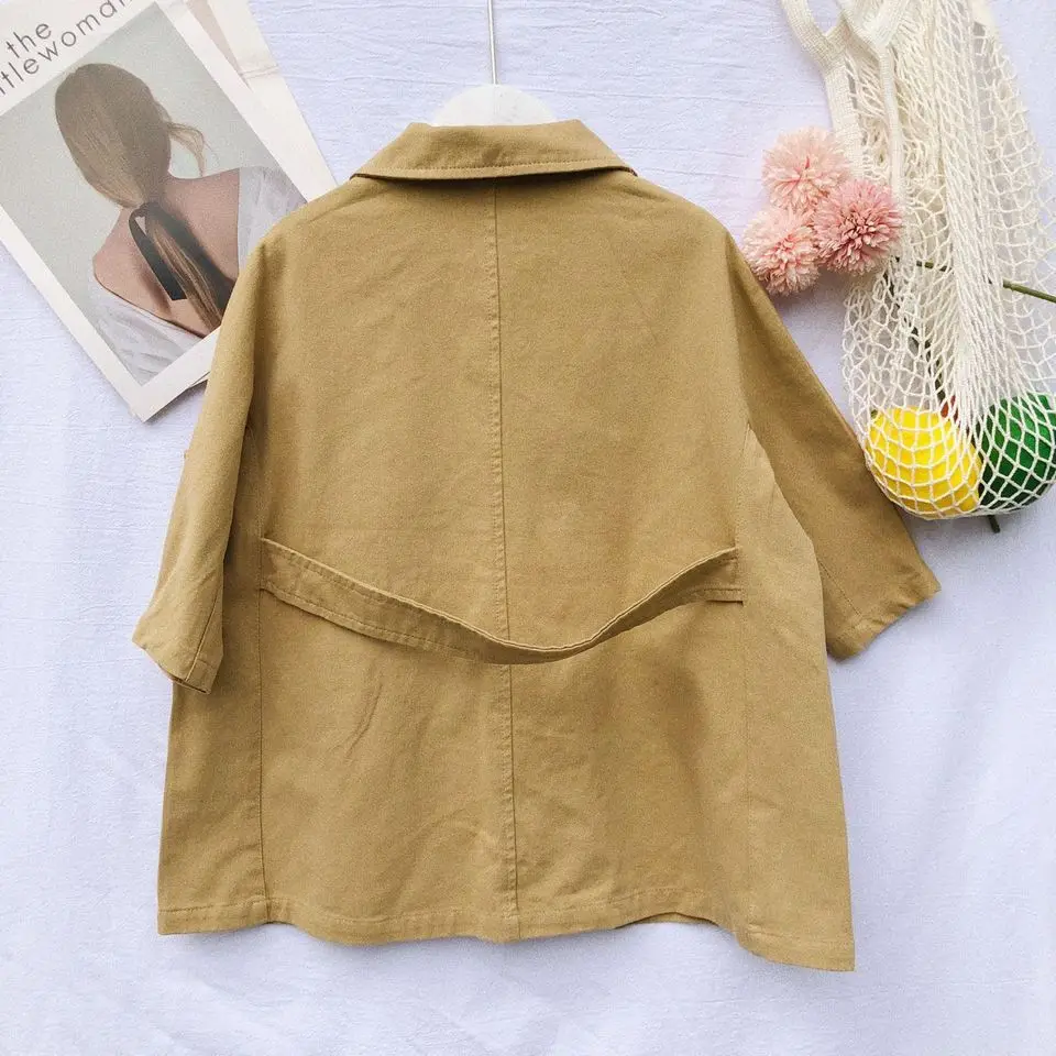 Модный тренчкот для девочек пальто цвета хаки хлопковые однотонные длинные с