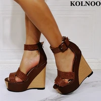kolnoo new wedges heel handmade ladies sandals peep toe buckle ankle strap summer shoes real pictures fashion daily wear shoes