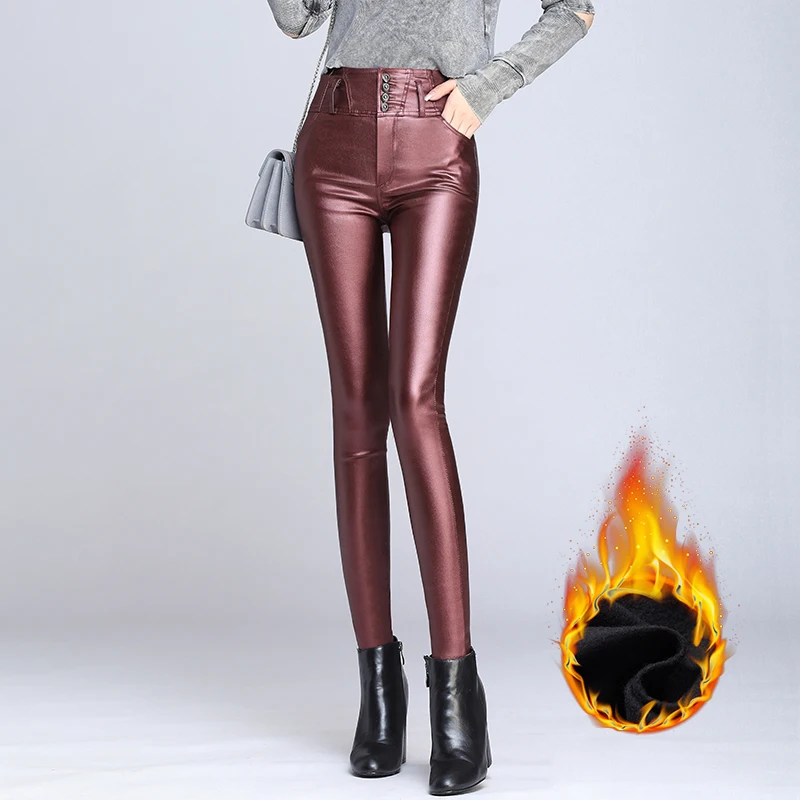 Осенние и зимние плюс бархатные теплые брюки карандаш из искусственной кожи