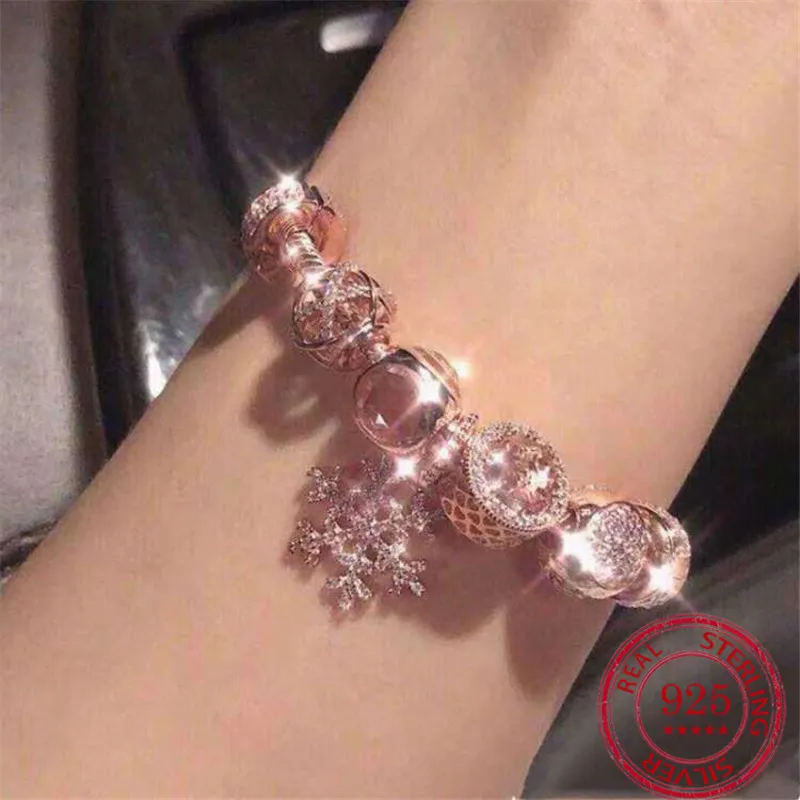 925 Sterling Silver Bracelet Rose Gold 18k Pink Cat Eye Snowflake Hanging Fixed Button Pendant Snake Bone Chain Set Female | Украшения и