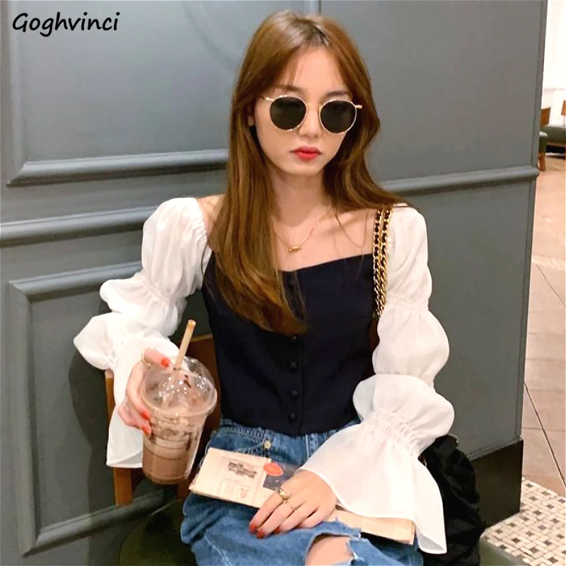 

Рубашка женская короткая однотонная с квадратным вырезом, пикантный облегающий топ в стиле пэчворк, с пышными рукавами, в Корейском стиле, у...