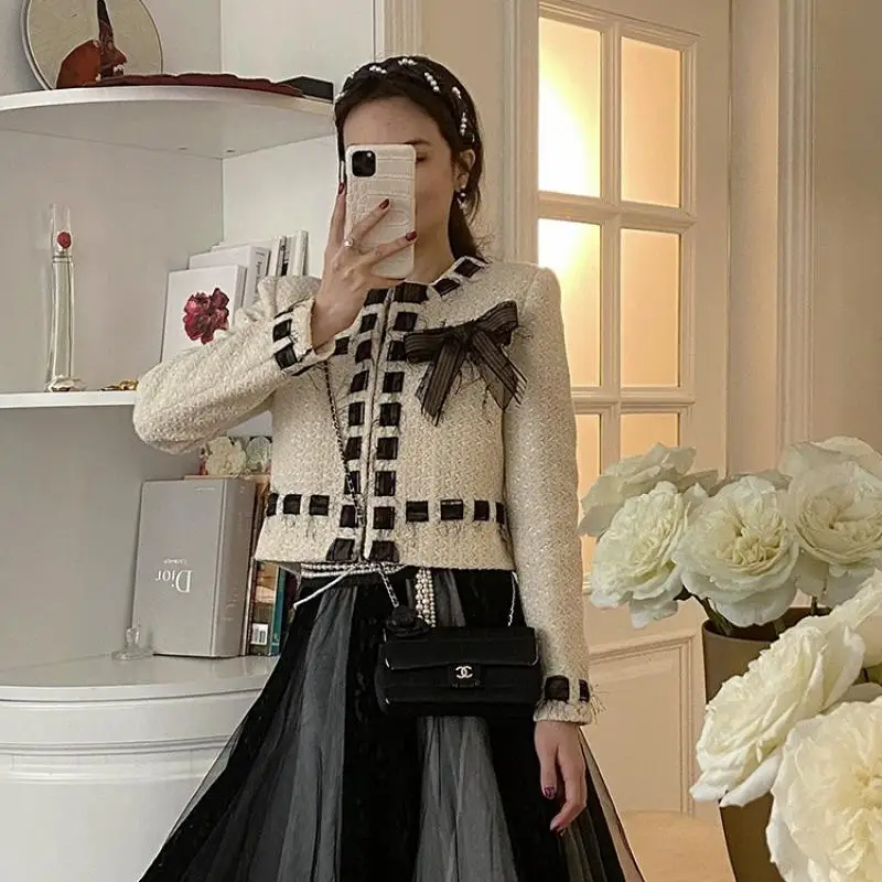 

Женская модная и Элегантная короткая твидовая куртка, Повседневная Женская ветровка с круглым вырезом и длинным рукавом, короткая куртка, н...