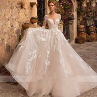 moonlightshadow stylish wedding dresses a line v neck full sleeves illusion fluffy appliques bridal gown vestito da sposa