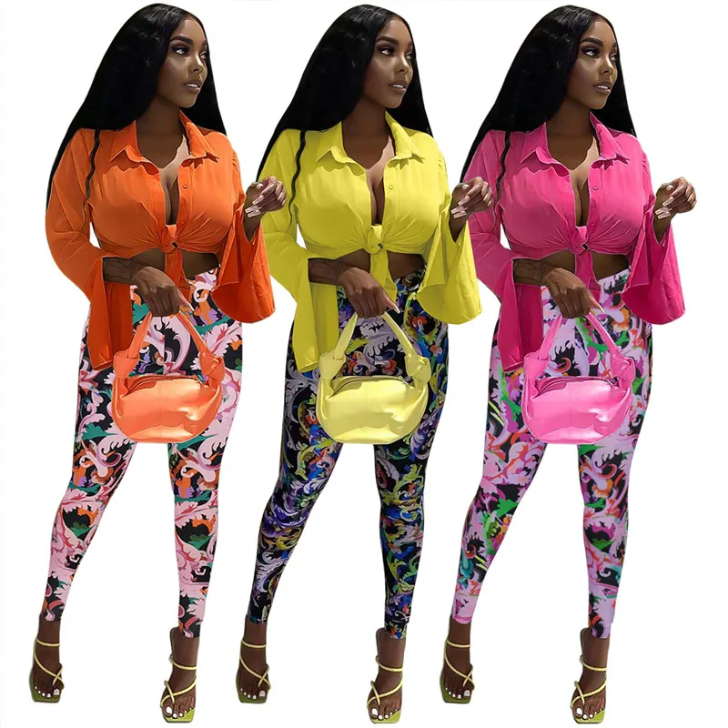 

2022 Spring Autumn New Two Piece Set Women's Fashion Loose Blouses And Flower Print Boycon Pants Suit Club Sexy Outfits