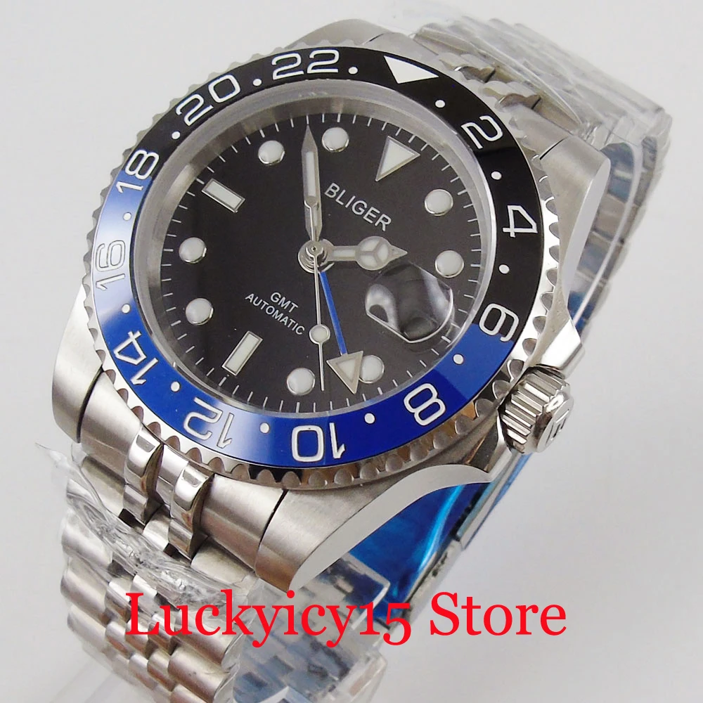 

BLIGER брендовые механические Автоматические Мужские часы с сапфировым стеклом синий GMT ручной вращающийся ободок Jubilee Band