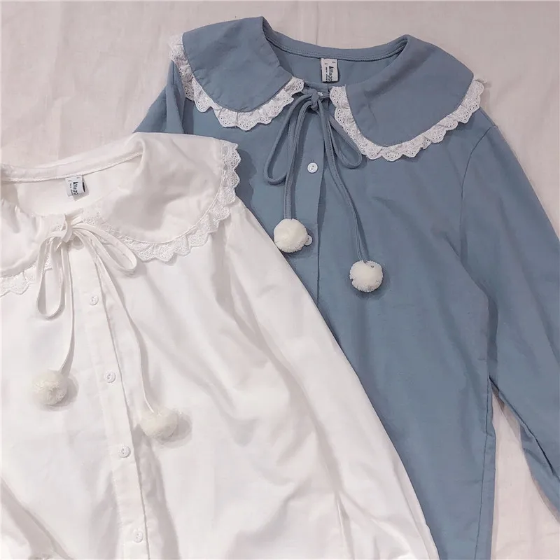 

Spring Autumn Blouse Women Japanese Preppy Cute Small Fresh Doll Collar Fur Ball Ornaments Lace Trim Shirt Girl Tops Student