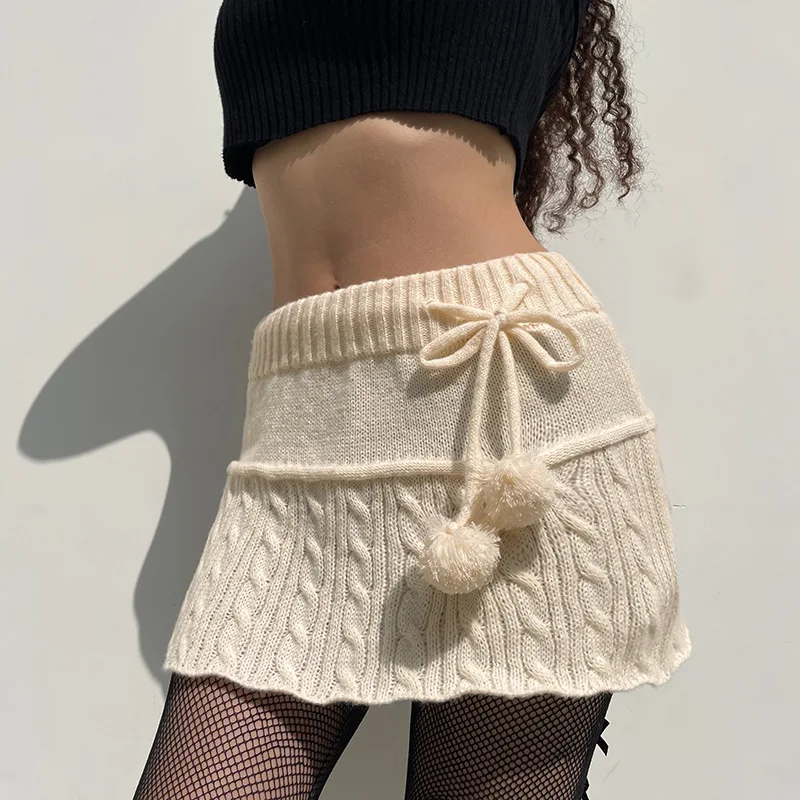 

Women Skirts Autumn Chic Knitted Mini Skirts dresses women y2k twist Lace Up fur ball Cute woolen skirt Skinny Low Waisted Short