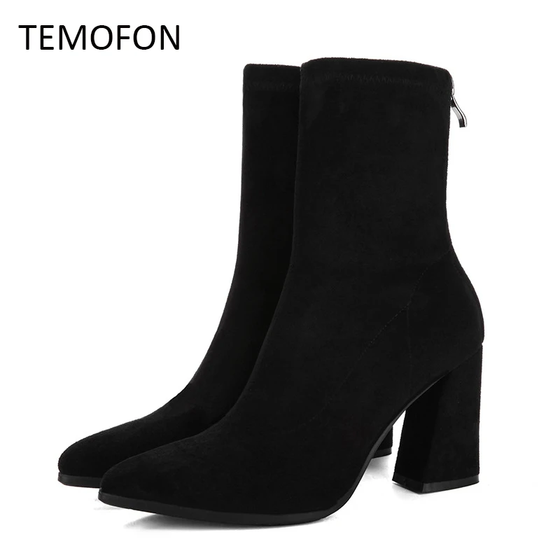 Ботильоны Черные женские ботинки на высоком каблуке Модная осенне-зимняя обувь
