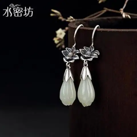 

S925 Silver Earrings Inlaid Hetian Jade White Jade Magnolia Lotus Earrings Female Fashion Ear Hook Earrings Thai Silver Ear Stud